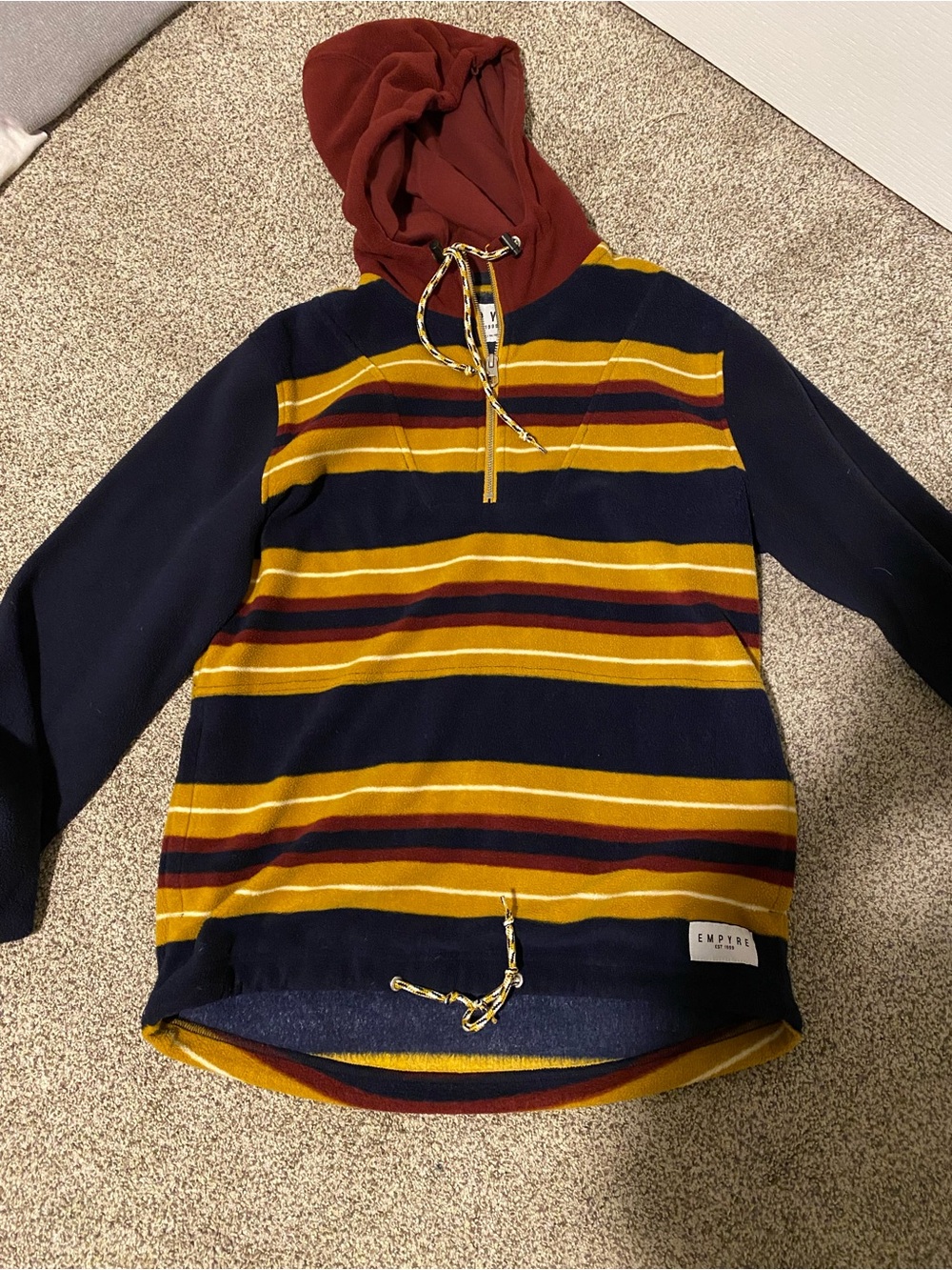 Empyre Men's Navy, Mustard & Rust Striped Hooded Fleece Sweater size small